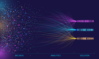 Big data analytics visualization. Digital flow of chaotic data dots connected with analytics lines to solution databases. Information sorting science vector concept