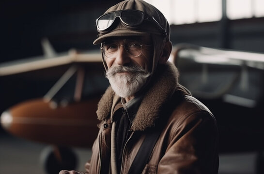 Retired old man pilot with plane. AI generative