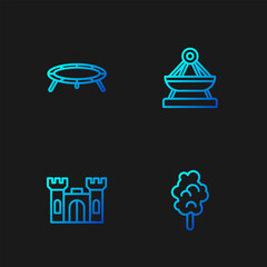 Set line Cotton candy, Castle, Jumping trampoline and Boat swing. Gradient color icons. Vector