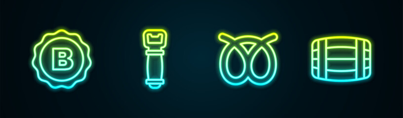 Set line Bottle cap with beer, opener, Pretzel and Wooden barrel. Glowing neon icon. Vector