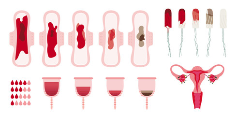 Vector illustrations on a white background. Woman menstruation protection. Pad, tampons and menstrual cup. Feminine intimate hygiene for periods.