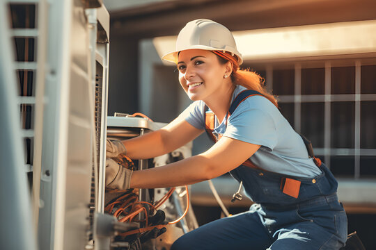Young female mechanic engineer repairing air conditioner outdoors. AI generative