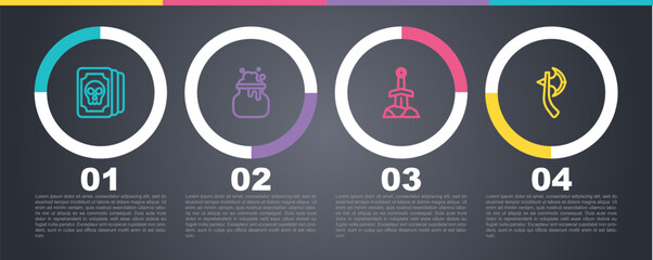 Set line Tarot cards, Witch cauldron, Sword in the stone and Wooden axe. Business infographic template. Vector