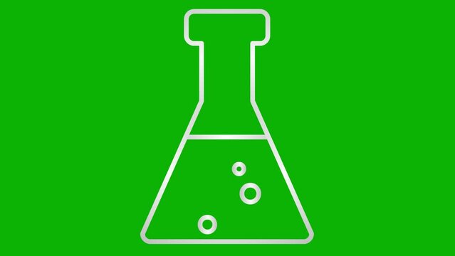 Animated silver beaker with liquid. Symbol of analyses. Concept of chemistry, experiments, research, science. Looped video. Linear vector illustration on green background.