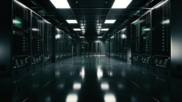 Data center in black server room. Walkthrough server racks of server room. Cloud computing data storage. Network and data servers behind glass panels in a server room