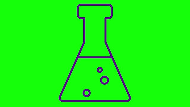 Animated violet beaker with liquid. Symbol of analyses. Concept of chemistry, experiments, research, science. Looped video. Linear vector illustration on green background.