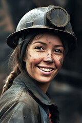 Woman Coal mining wokrer in protective helmet