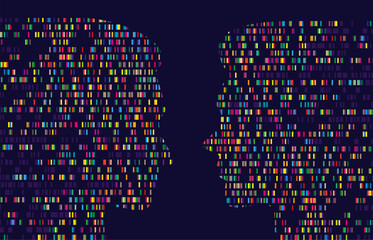 Human genome map. Dna test sequence barcoding, big data chart in male and female silhouette. Gender comparison vector concept background illustration