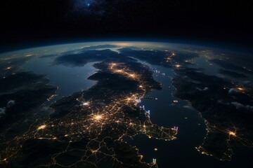 Highlighted South Korea on Earth in space with moon, Milky Way, city lights and country borders. Generative AI
