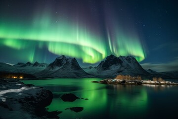 Fototapeta na wymiar Vibrant aurora borealis seen in Lofoten Islands, Norway. Generative AI