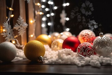 Fototapeta na wymiar Red, white, and yellow Christmas balls, garland, and hanging snowflakes decorations. Generative AI