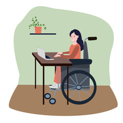 flat woman in a wheelchair working remotely 