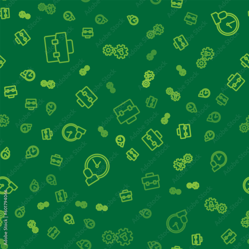 Poster set line briefcase, work time and human with gear on seamless pattern. vector