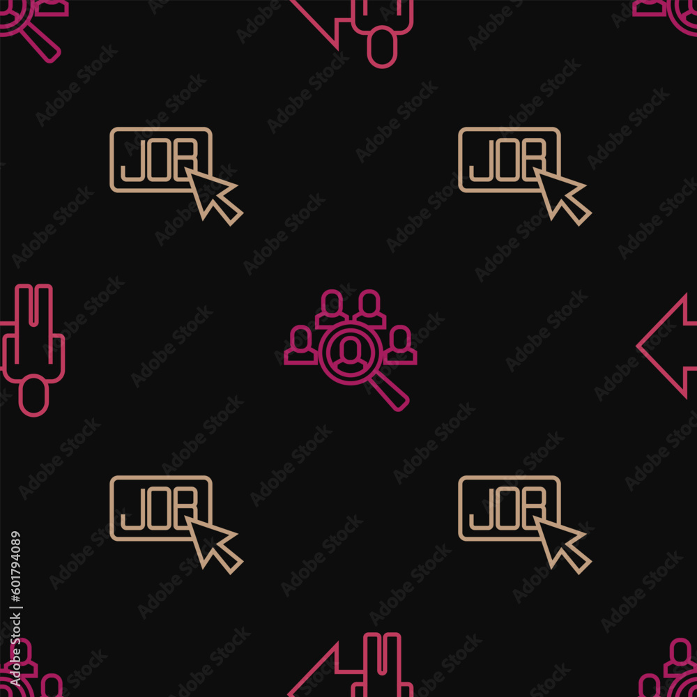 Poster set line leader of a team of executives, search job and magnifying glass for search on seamless patt