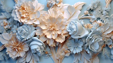  A wallpaper of a rococo blooms flowers dreamy intricate details pastel scheme blue gold tone fantasy fairytale aesthetic rococo luxurious style background, Generative AI