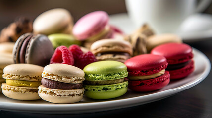 Fototapeta na wymiar Plate of vibrant, assorted macarons, showcasing the smooth shells, delicate textures, and diverse flavors.