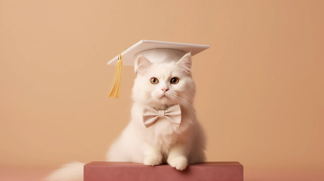 A white cat in a graduates hat and bow tie sitting, Generative AI