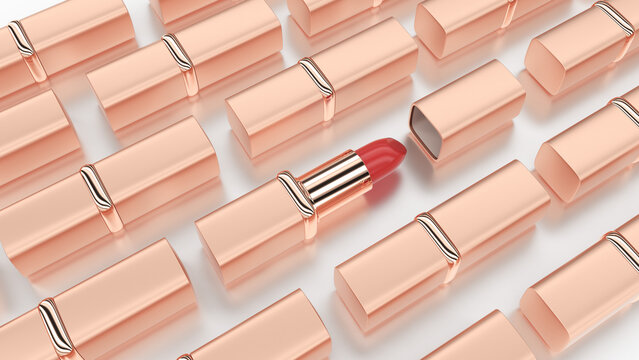 Lipstick, background with packages laid out in rows. 3d illustration
