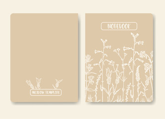 Art poster in pastel color with grass notebook cover. Neutral silhouette of plants