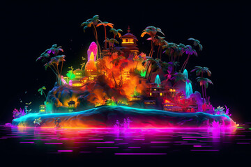 Magic island, neon glowing lights. Generative AI.