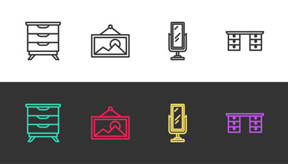 Set line Furniture nightstand, Picture, Big full length mirror and Office desk on black and white. Vector