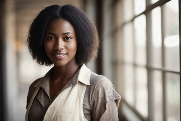 Portrait of the smiling an African American  female factory worker and industry background. Generative AI