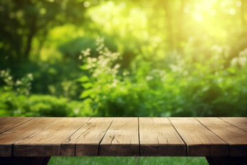 Empty wooden table in natural green garden outdoor, Generative AI