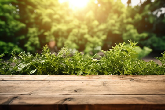 Empty wooden table in natural green garden outdoor, Generative AI