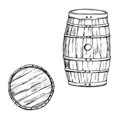Ink hand drawn vector sketch of isolated object. Wooden barrel side and top view for storing liquor whisky whiskey sherry beer. Design for tourism, travel, brochure, guide, print, card, tattoo, menu.