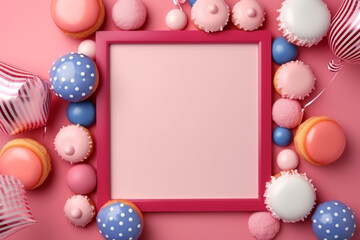 Fourth of July concept. Top view vertical photo of photo frame paper molds with candies plates with glazed donuts US national flags and balloons on isolated pastel pink background, Generative AI