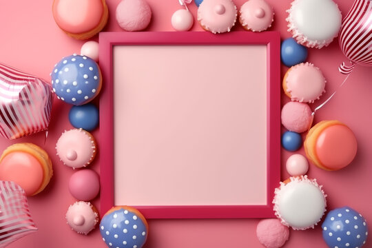 Fourth of July concept. Top view vertical photo of photo frame paper molds with candies plates with glazed donuts US national flags and balloons on isolated pastel pink background, Generative AI