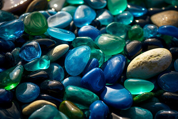Blue ocean glass pebbles, radiating hues of light emerald and dark azure. These pebbles, with their impressionistic surfaces and clear colors, reflect the sparkling water, giving them fluid forms.
