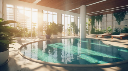 Obraz na płótnie Canvas interior design of modern apartment with swimming pool, Generative AI