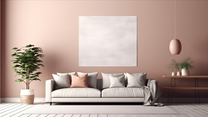 Fototapeta na wymiar Scandi interior design with beige sofa,wooden boho table and carpet in modern coastal living room. Frame wall mock-up. 3d render. High-quality 3d illustration, Generative AI