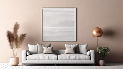 Scandi interior design with beige sofa,wooden boho table and carpet in modern coastal living room. Frame wall mock-up. 3d render. High-quality 3d illustration, Generative AI