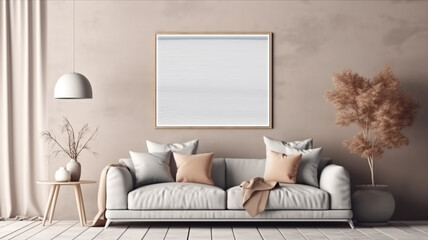 Fototapeta na wymiar Scandi interior design with beige sofa,wooden boho table and carpet in modern coastal living room. Frame wall mock-up. 3d render. High-quality 3d illustration, Generative AI