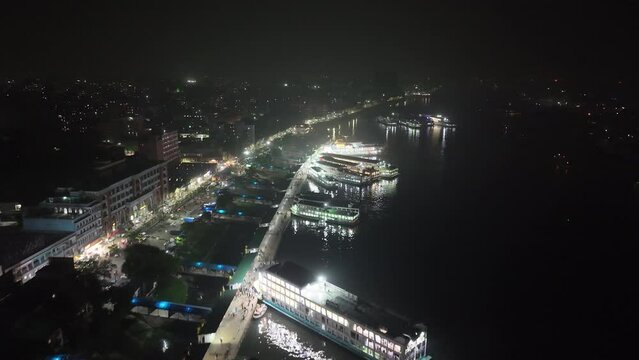 Aerial view of Buriganga river and the Sadarghat Terminal at night, Dhaka, Bangladesh