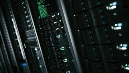 Server cabinets close up. Supercomputer in server room. Server room flashing lights