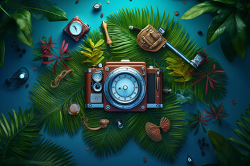 Top view of traveler accessories, tropical palm leaf and airplane on blue background with empty space, Generative AI