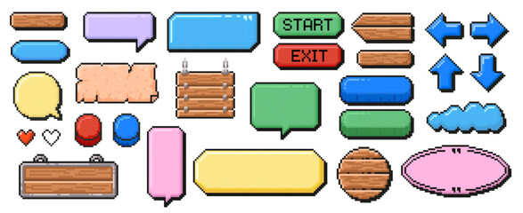 Pixel art frames. Retro 8 bit buttons, arrows, speech bubble messages and quote frame. Game UI vector template set © WinWin