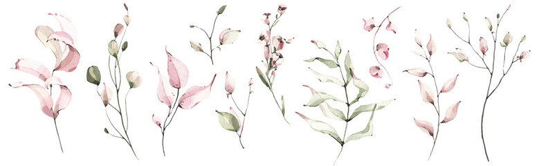 Watercolor floral set of pink, green leaves, greenery, branches, twigs etc. Cut out hand drawn PNG illustration on transparent background. Watercolour clipart drawing.