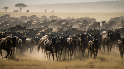 Fototapeta na wymiar Great Migration: A Massive Herd of Wildebeest on the Move, generative AI