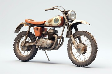 Vintage off-road motocross bike from the 1960s, seen from above on a white background in 3D rendering. Generative AI
