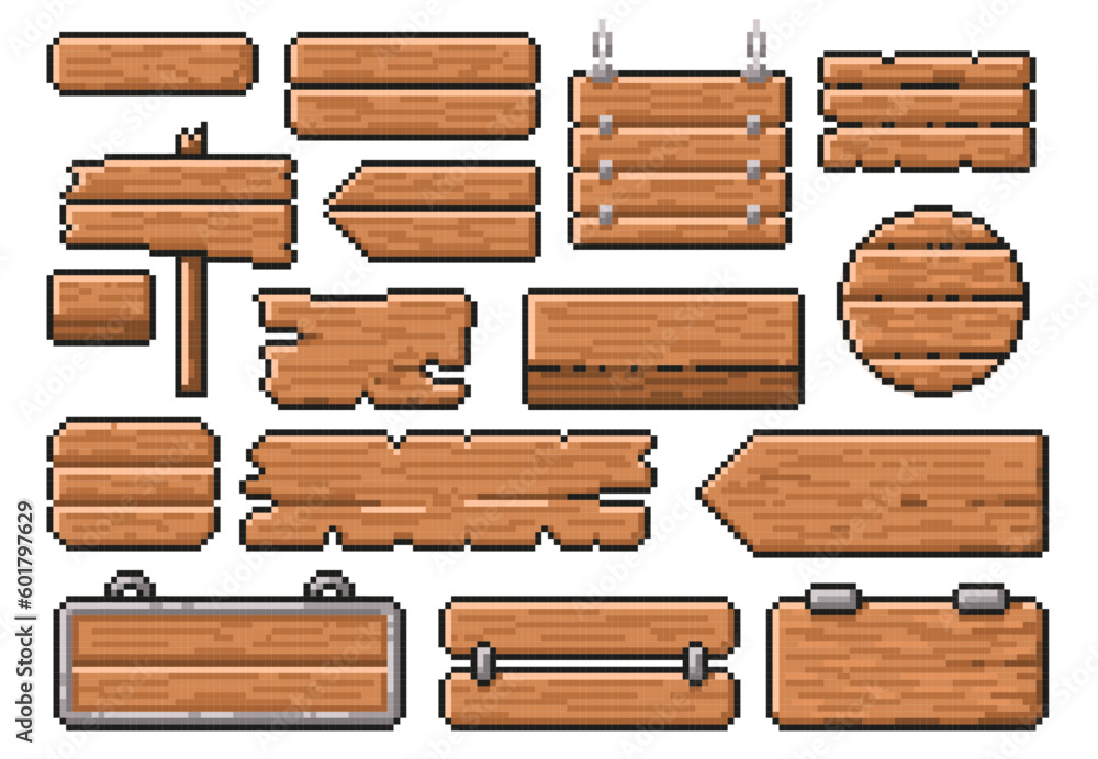 Poster pixel art wooden signs. old road guidepost pointer, 8 bit wood style banner and app interface frames