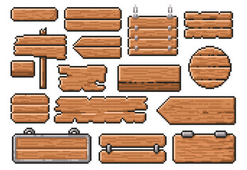 Fototapeta premium Pixel art wooden signs. Old road guidepost pointer, 8 bit wood style banner and app interface frames vector template set