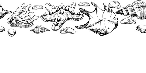 Hand drawn vector ink shell, colorful sea glass, starfish. Seamless horizontal banner. Isolated on white background. Design for wall art, wedding, print, fabric, cover, card, tourism, travel booklet.