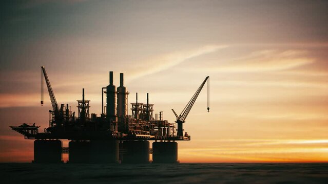Offshore oil platform in the ocean at sunset. Offshore jack up drilling rig in ocean