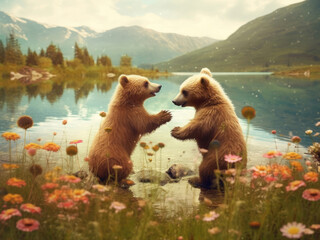 Two bear cubs play together in a meadow with flowers and a lake