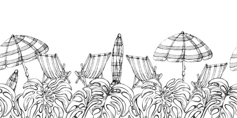 Hand drawn vector ink striped beach chair and umbrella. Seamless horizontal banner. Isolated on white background. Design for wall art, wedding, print, fabric, cover, card, tourism, travel booklet.