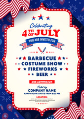 4th of july invitation, poster, banner, flyer, banner template with list of sample evening show lists. Decoration with usa waving flag, balloons, bunting, firework, etc. Vector A4 design.  - obrazy, fototapety, plakaty